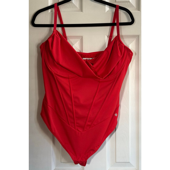 Popilush Red Cowl Neck Corset Bodysuit Small Sculpting Shapewear Glam Coquette - Picture 2 of 7